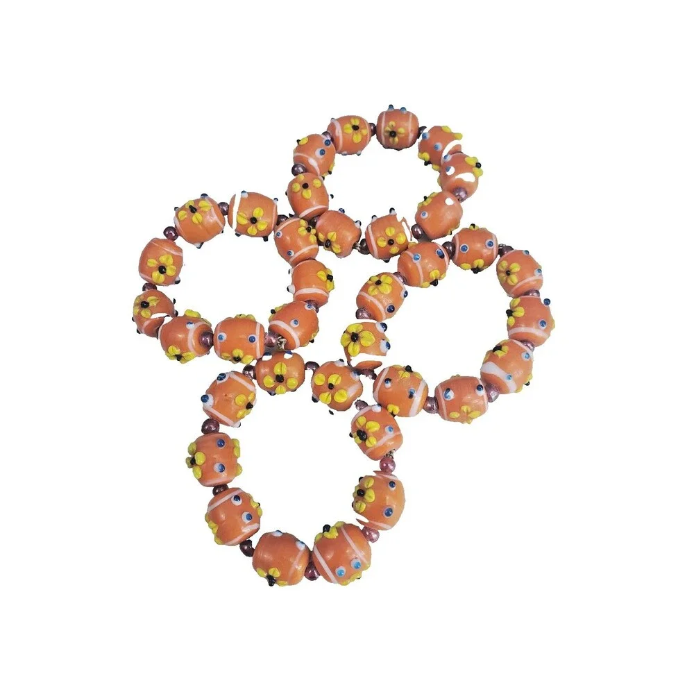4 Vtg Millefior Lampwork Glass Bead Napkin Rings Orange Floral Table Decor